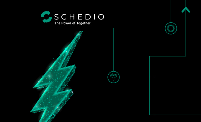 Schedio logo with the tagline 'The Power of Together' displayed alongside a stylized, digital lightning bolt and technical icons on a black background, representing advanced technology and innovation.