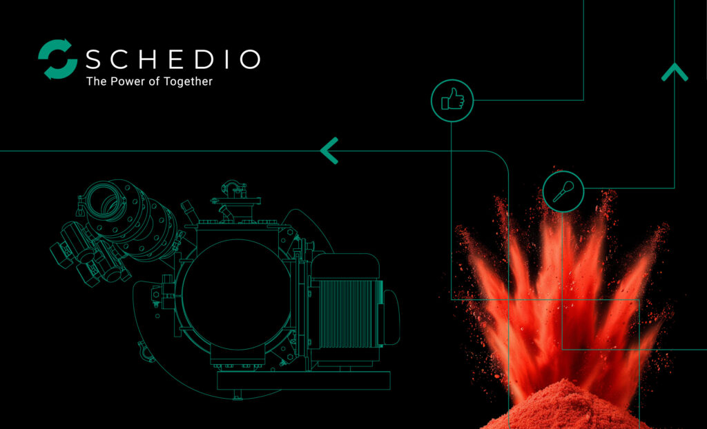 Schematic illustration of industrial machinery with the Schedio logo and tagline 'The Power of Together' on a black background, accompanied by an explosion of red powder.