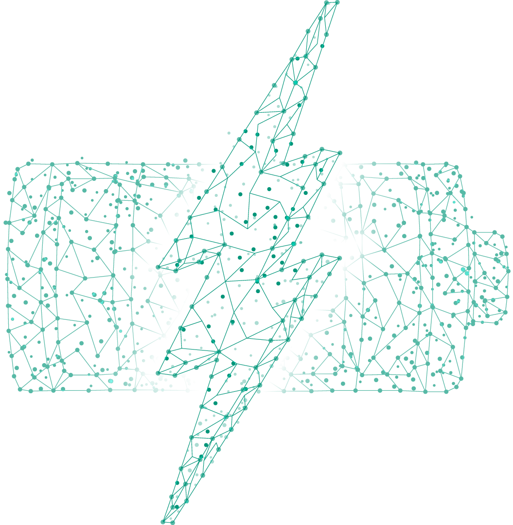 Geometric image of a battery outlined in white with a teal thunderbolt across it, symbolizing energy or power supply.