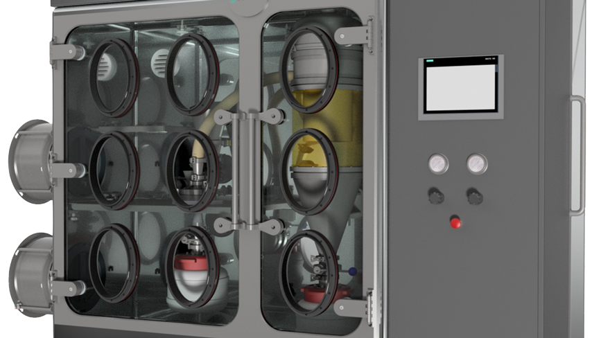High-tech pharmaceutical glove box featuring multiple access ports and control panel for optimized sterile processing.