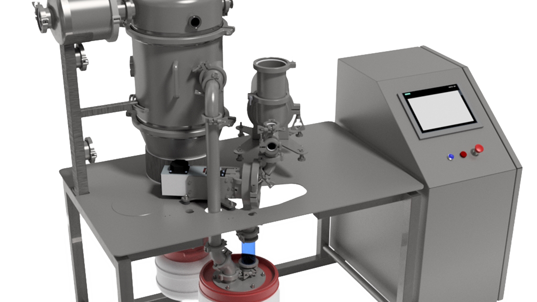 Industrial machine setup with cylindrical tanks and pipes on a metallic table, accompanied by a control unit with a touchscreen interface.