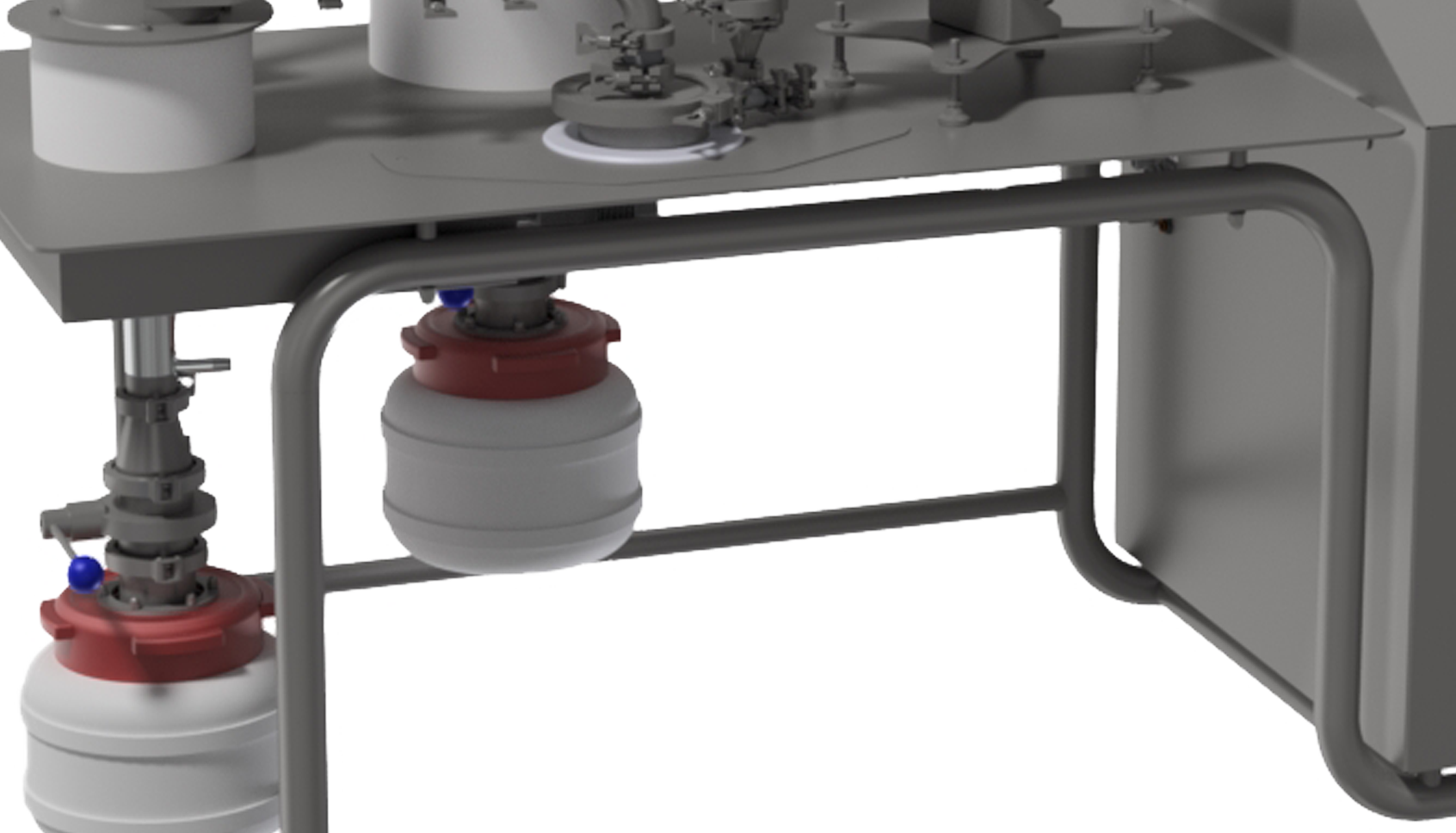 Close-up of industrial equipment featuring cylindrical containers with red and gray fixtures attached to a metal frame.