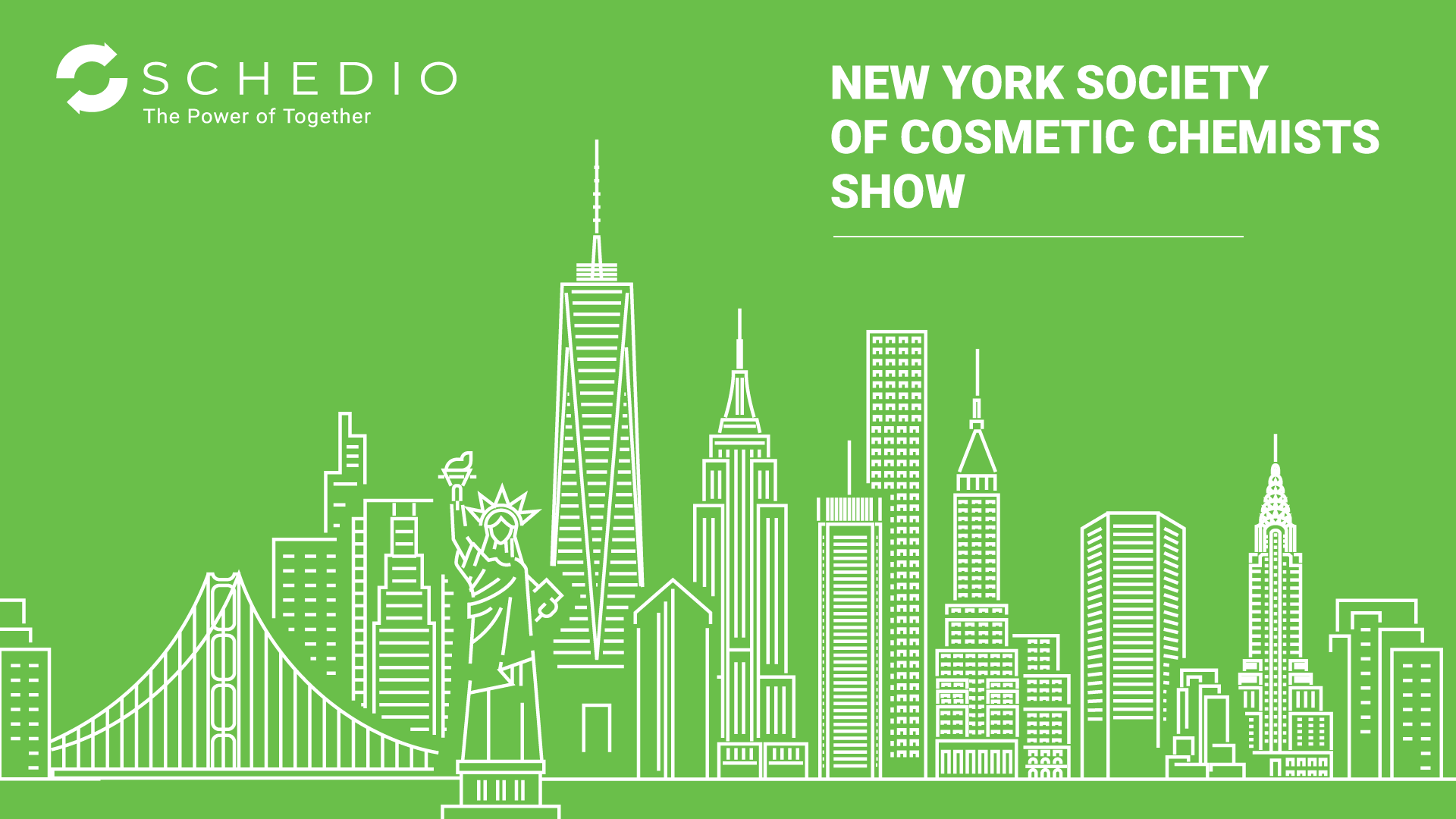 Schedio promotional banner for the New York Society of Cosmetic Chemists Show with the New York City skyline in white outlines on a green background.