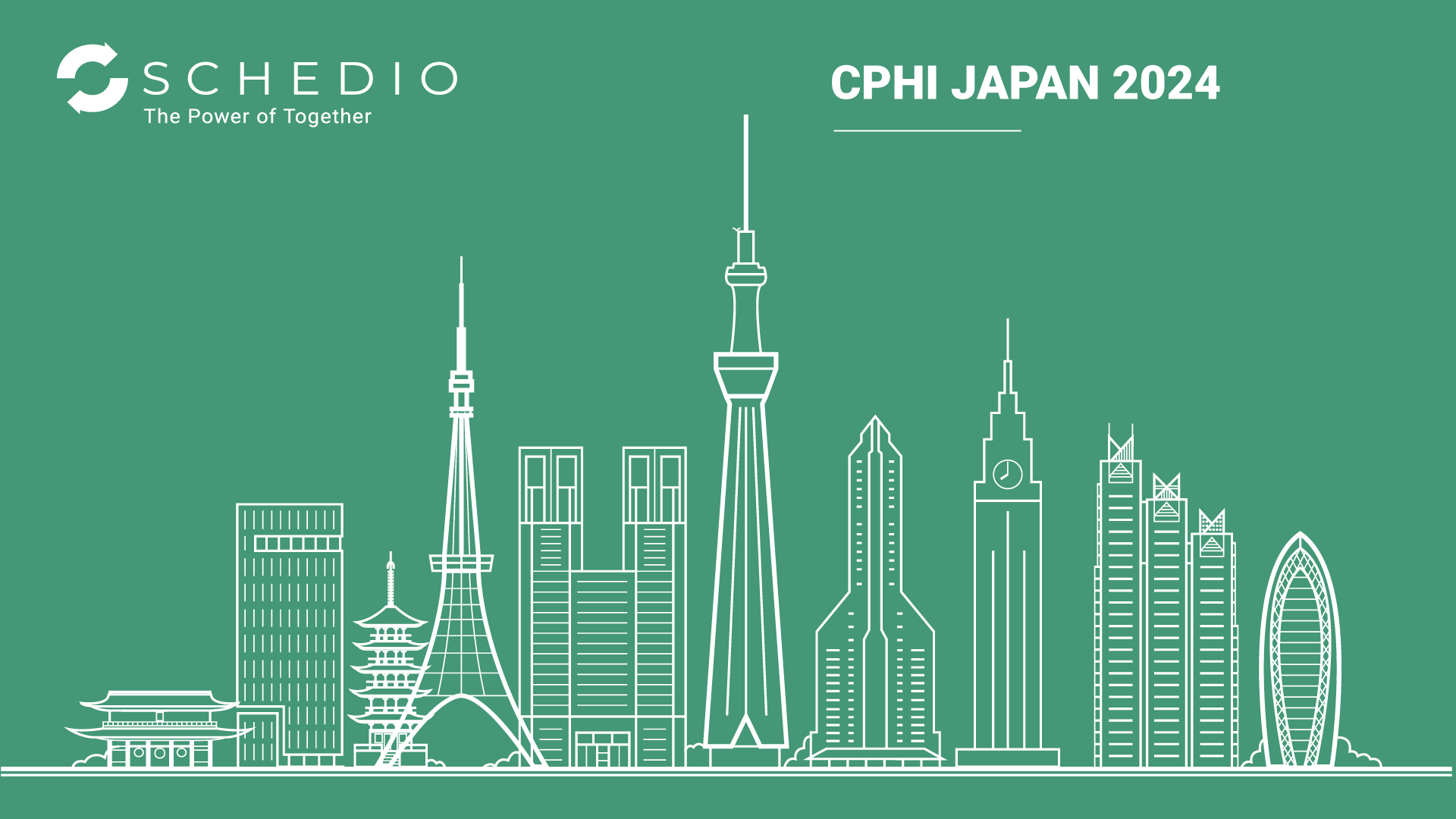 Schedio promotional banner for CPHI Japan 2024 with the Tokyo skyline in white outlines on a teal background.