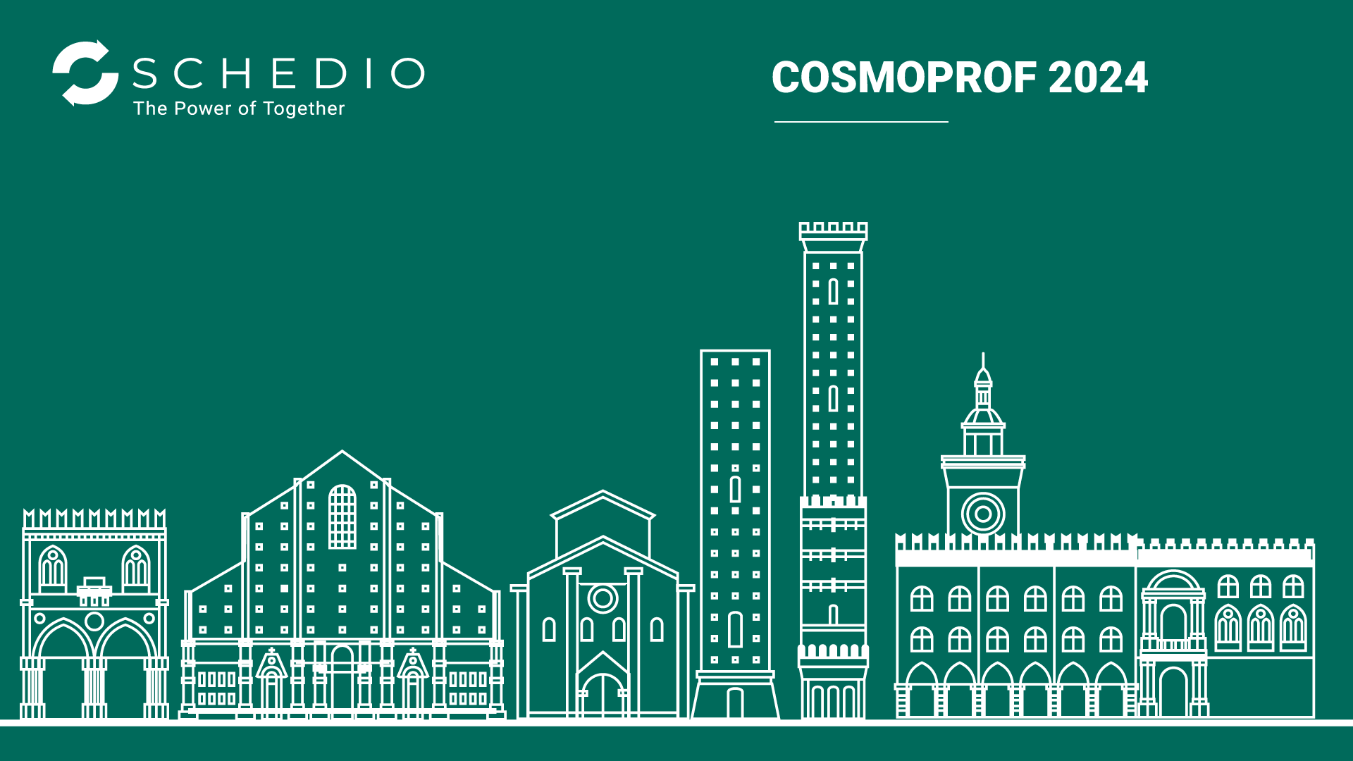 Schedio promotional banner for Cosmoprof 2024 with the skyline of Bologna in white outlines on a teal background.