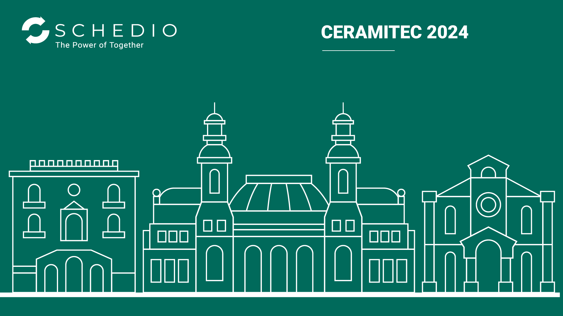 Schedio promotional banner for Ceramitec 2024 with a cityscape outline in white on a teal background.
