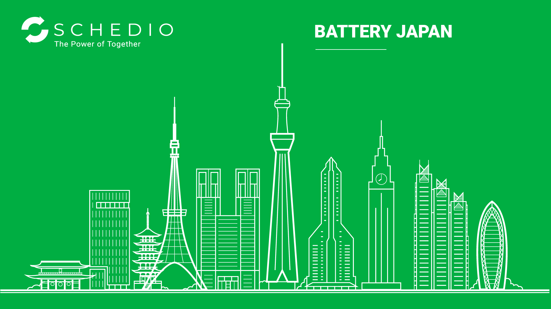 Schedio promotional banner for Battery Japan with the Tokyo skyline in white outlines on a green background.