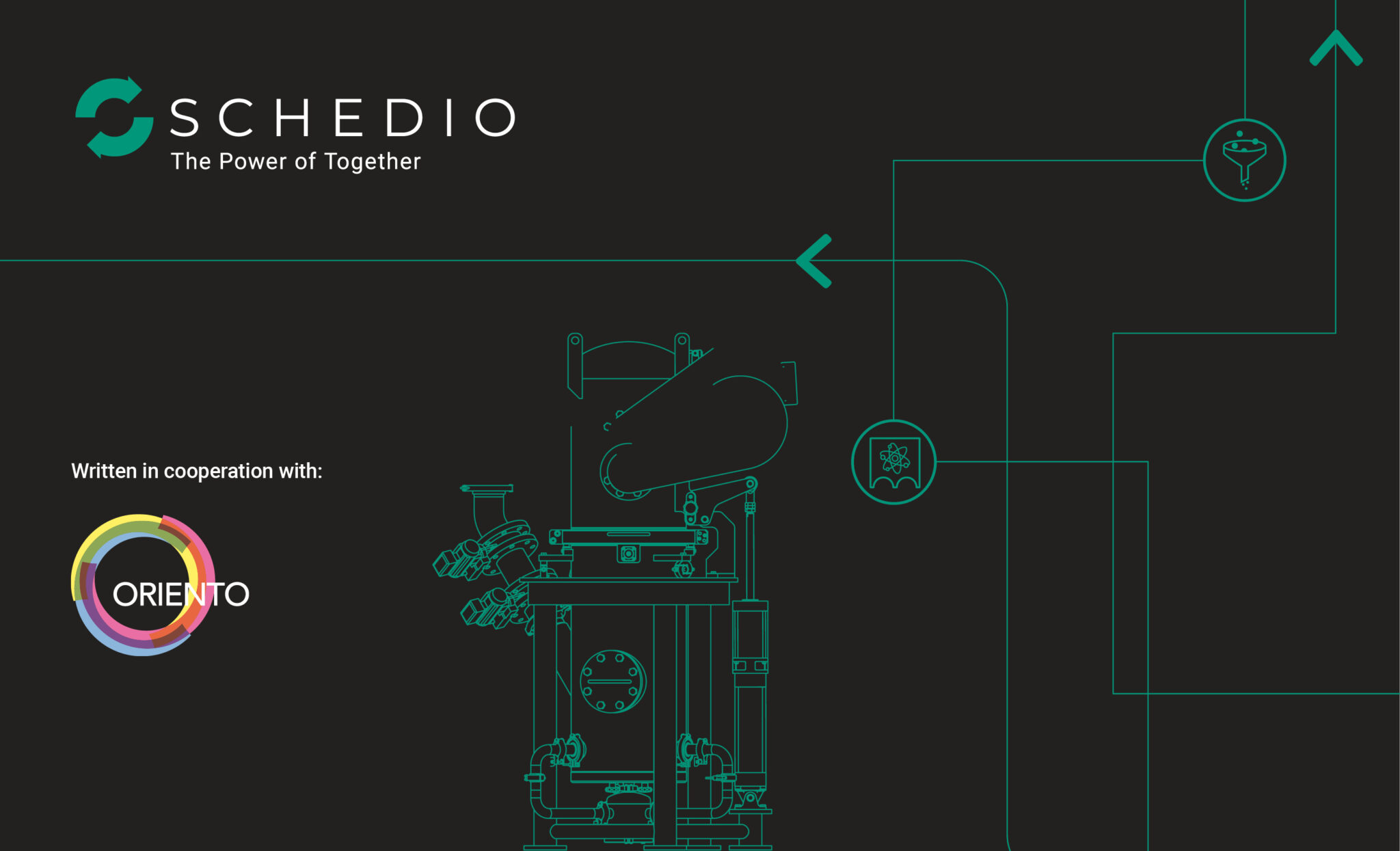 Schedio promotional image with the tagline 'The Power of Together,' featuring a schematic outline of industrial equipment and icons representing various industries.