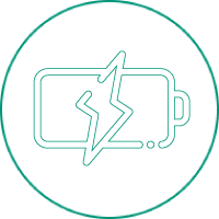 Iconic image of a battery outlined in white with a teal thunderbolt across it, set inside a teal circle on a white background, symbolizing energy or power supply.