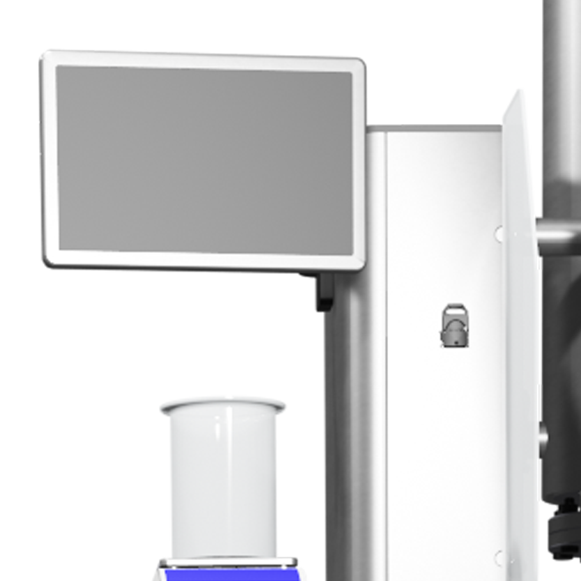 Industrial control panel with a touchscreen display and a cylindrical sensor mounted on a metallic stand.