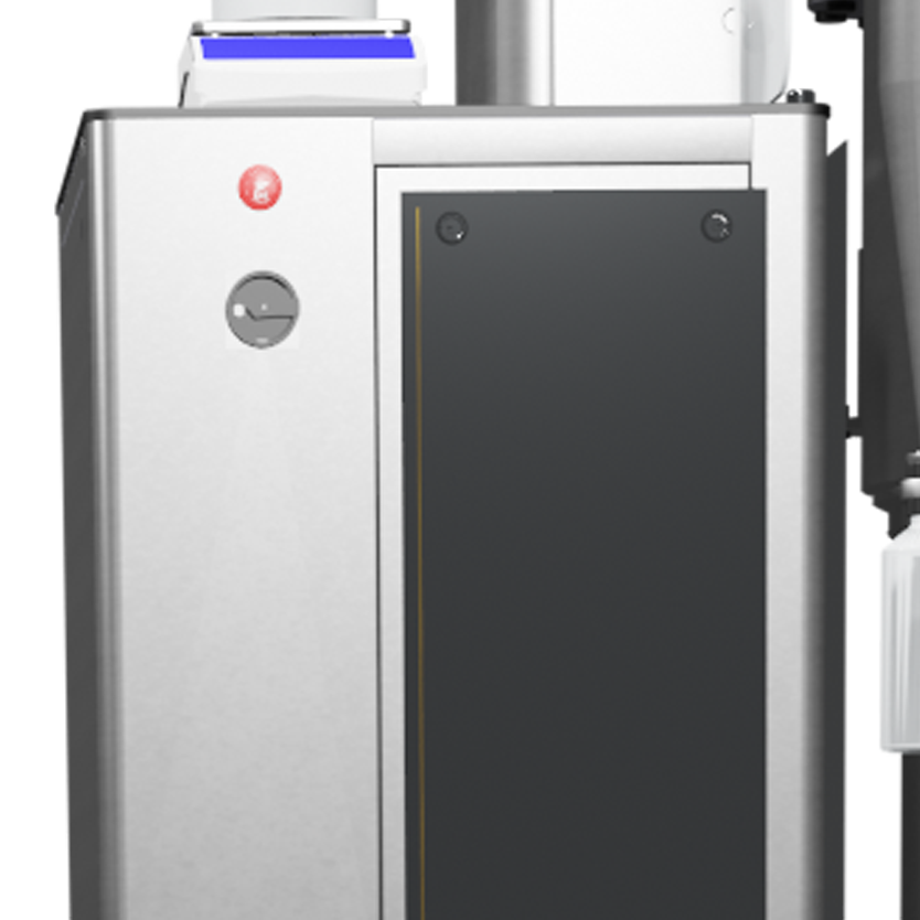 Close-up of the control unit and cylindrical component of industrial machinery with a touchscreen display.