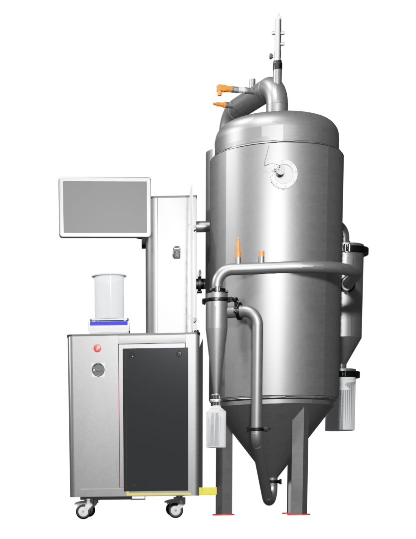 Large industrial metallic equipment with control panel and touch screen, designed for manufacturing or processing purposes.