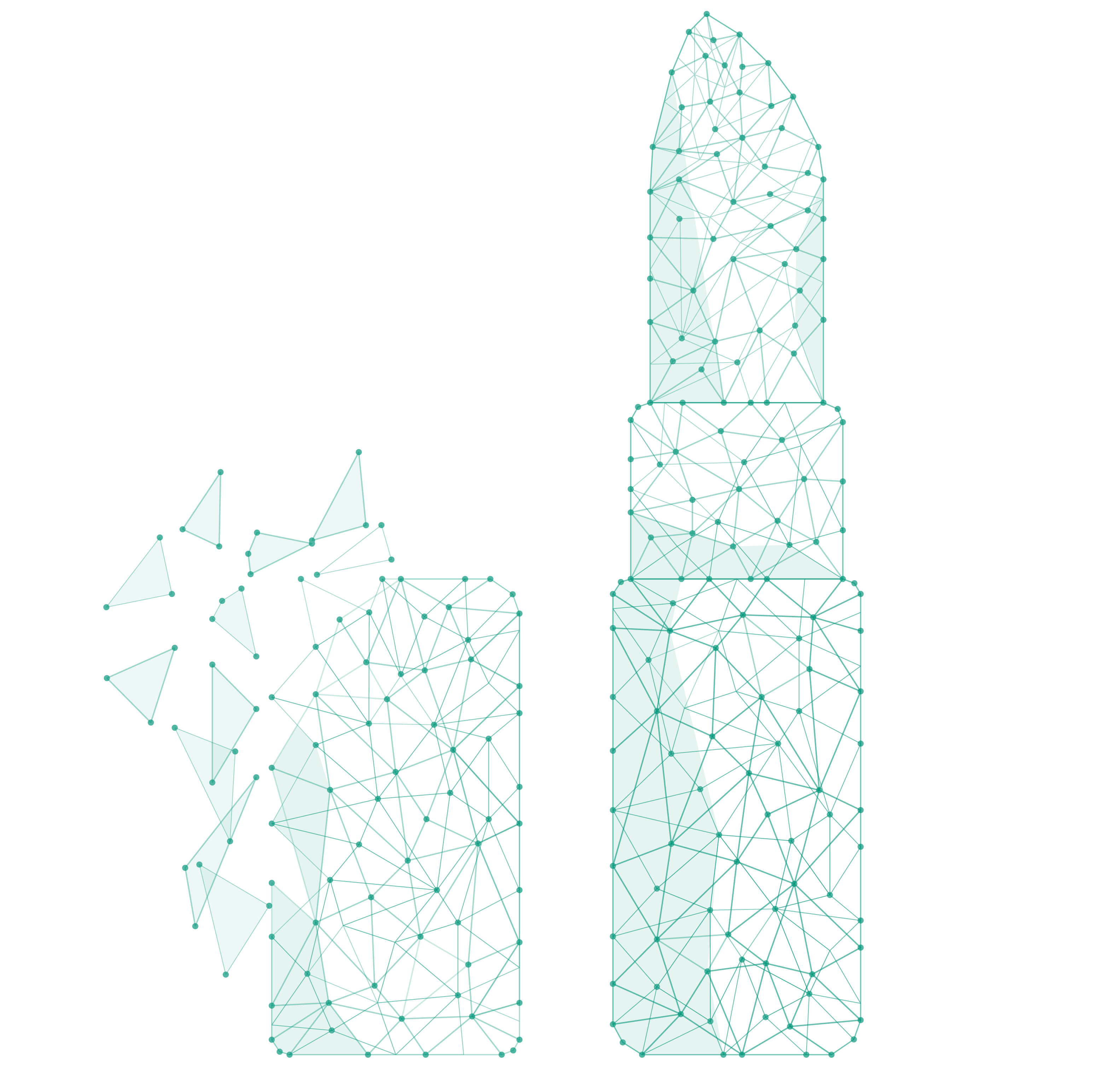 Abstract geometric fragmentation of lipstick and cosmetic bottles, depicted in a teal wireframe style, conveying a modern, artistic interpretation of beauty products.