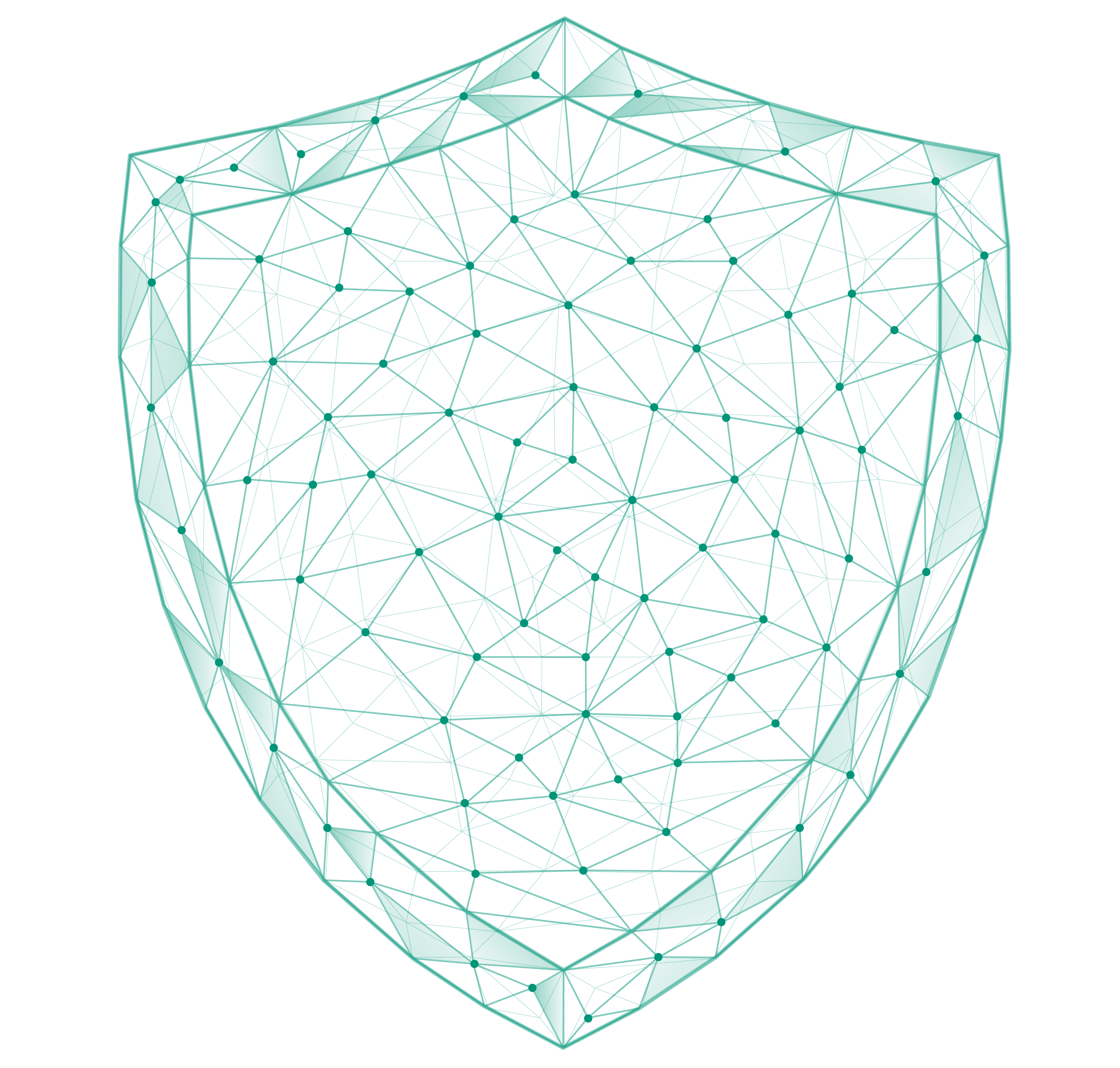 Geometric representation of a shield, composed of interconnected teal lines on a dark background, symbolizing security or technological protection.