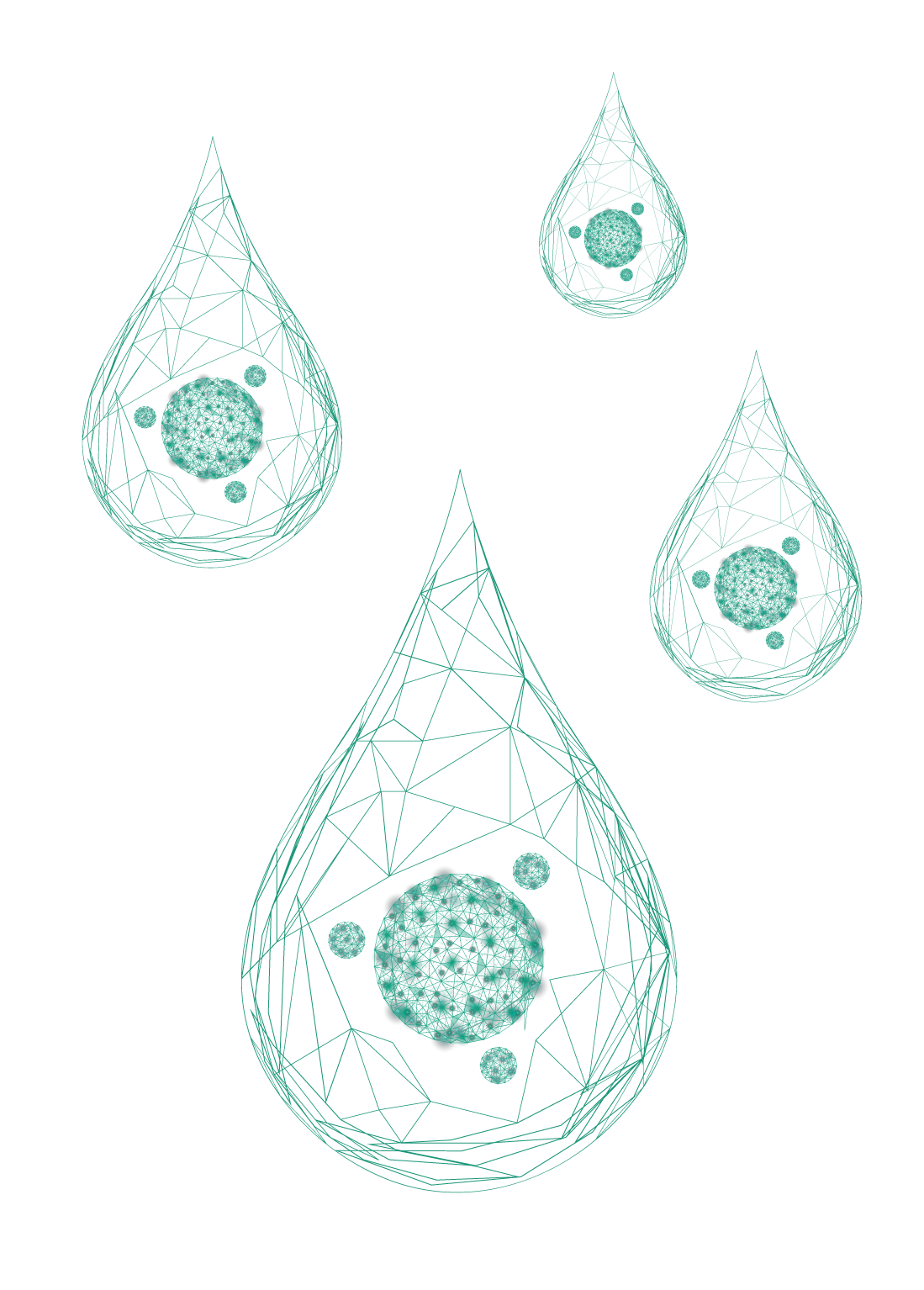 Set of four stylized wireframe droplets, each containing intricate patterns, depicted in teal lines.
