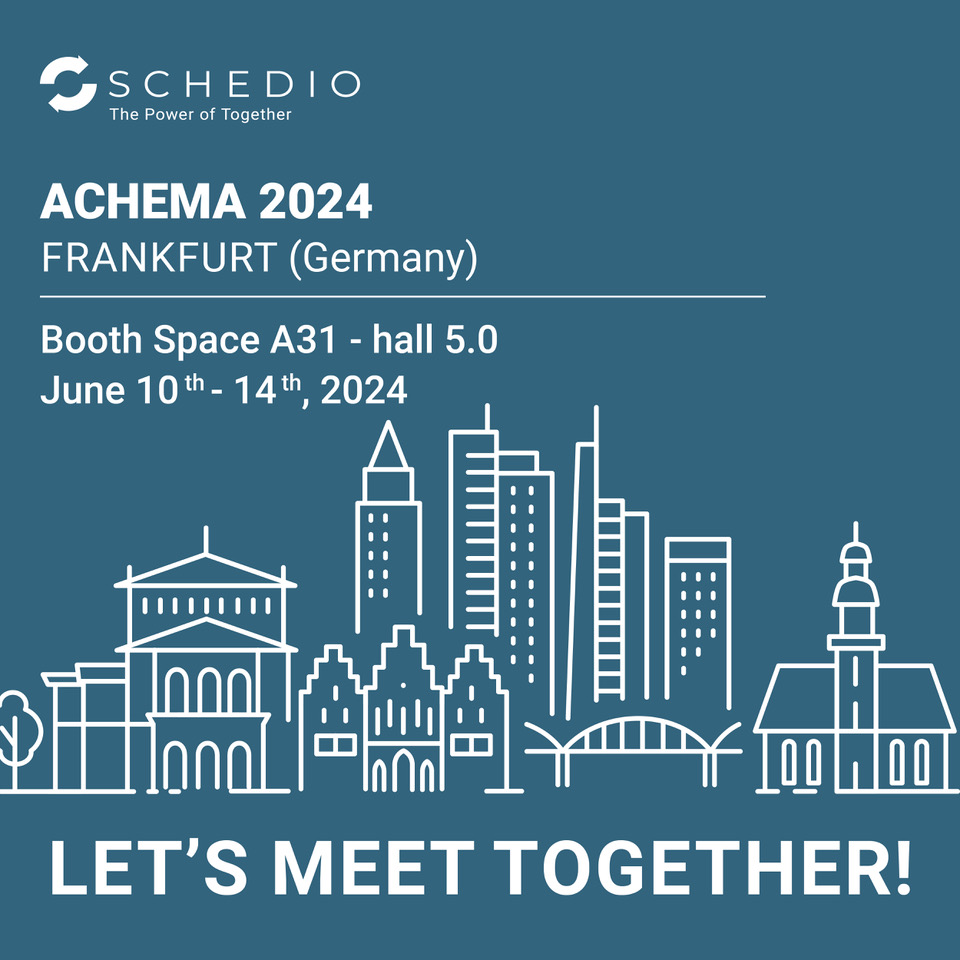 Schedio promotional banner for Achema 2024 in Frankfurt, Germany, featuring an outline of the city's skyline on a blue background and details of the event.