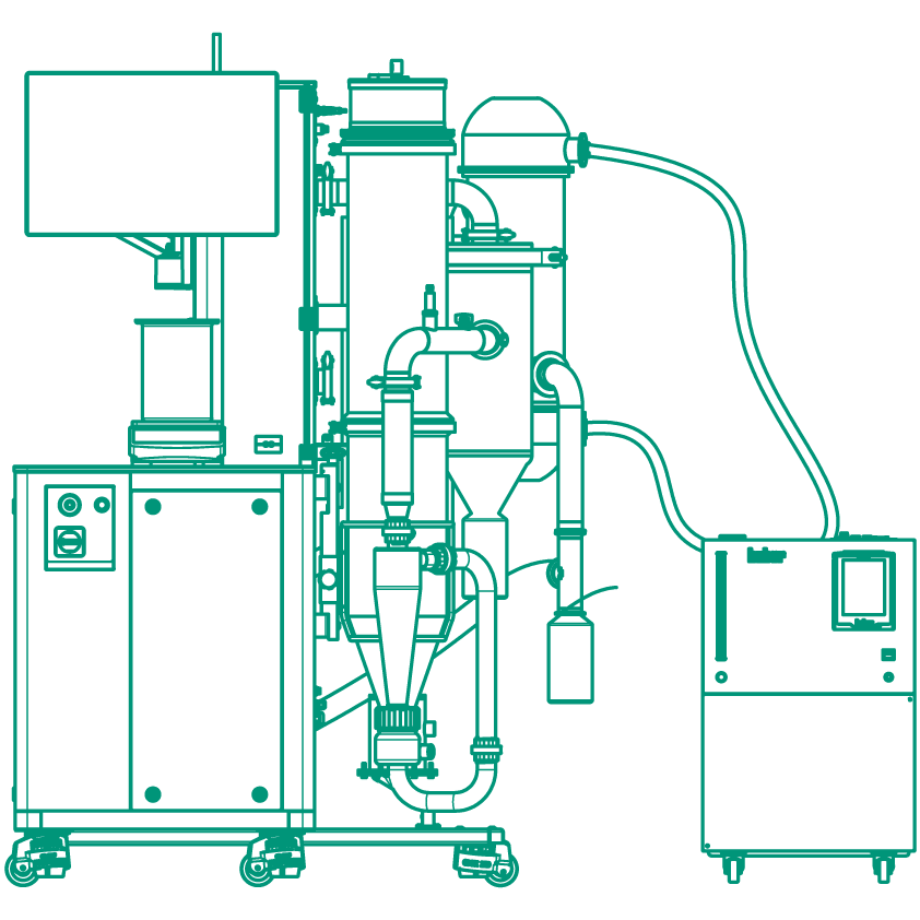 Detailed technical drawing of a spray dryer machine in wireframe style, rendered in teal lines, highlighting its complex structure and parts.