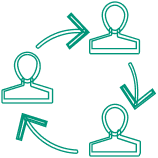 Minimalistic illustration of a team workflow diagram with stylized human icons and arrows showing interaction, depicted in light teal.