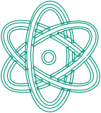 Icon of an atom representing science or technology in a green outline.