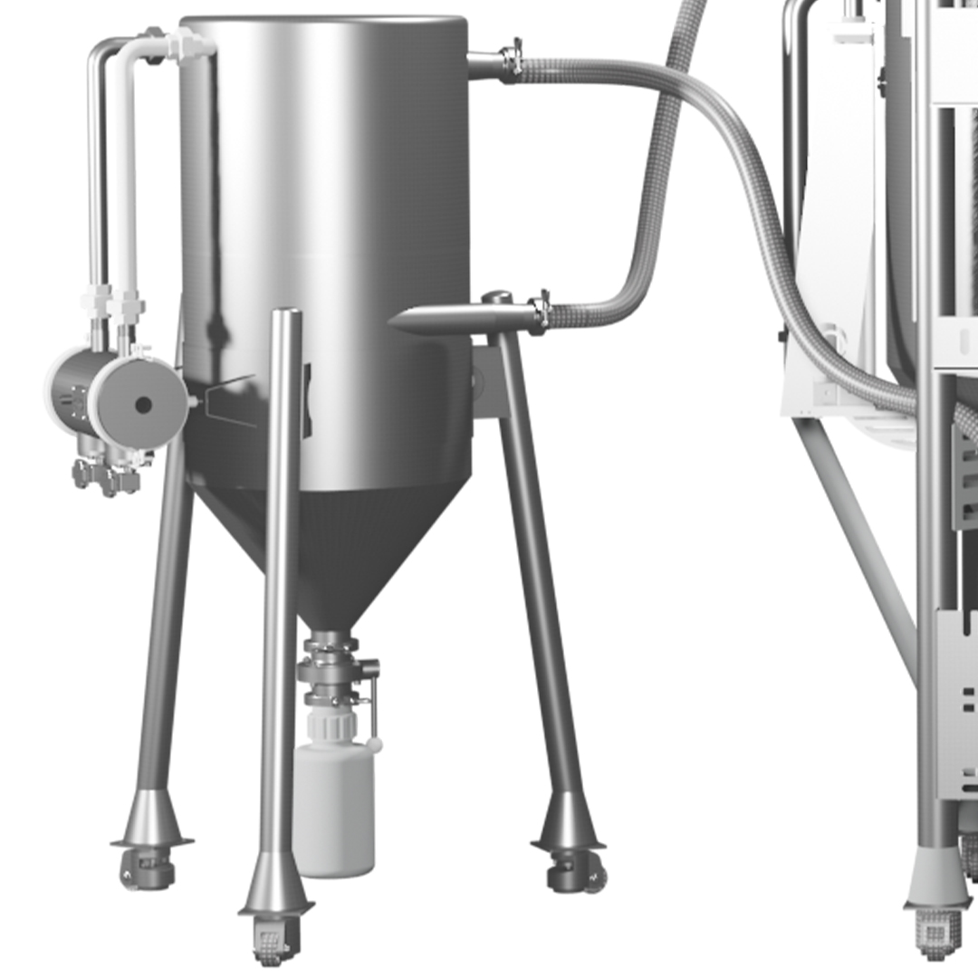 Stainless steel vessel with tubing and pump system used in spray congealing for controlled material flow in pharmaceutical manufacturing.