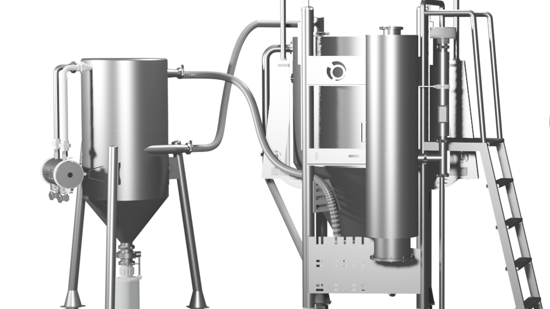 Pharmaceutical spray congealing system with conical vessel and stainless steel piping for particle formation in drug manufacturing.