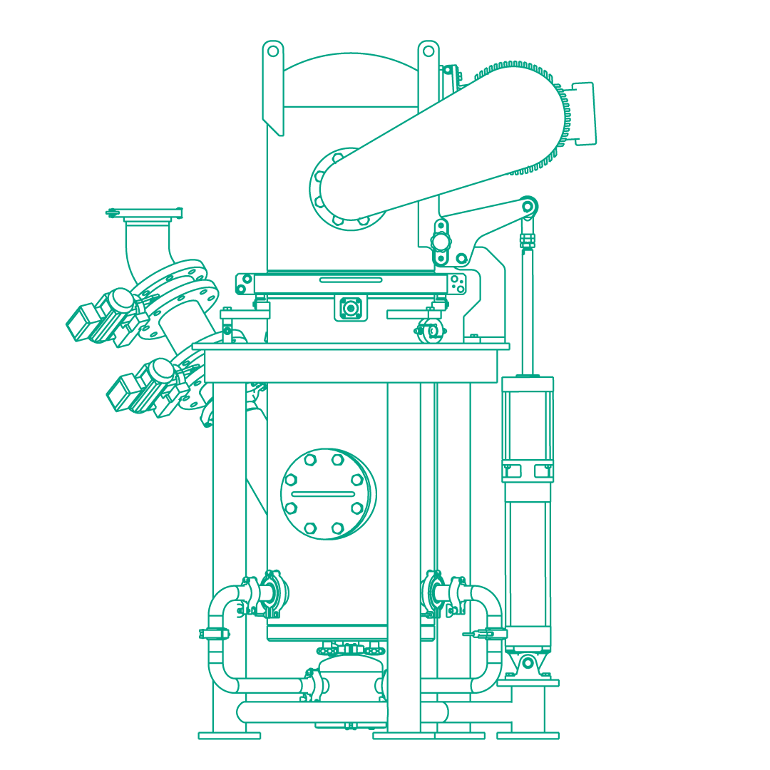 Technical line drawing of an opposite jet mill used for micronizing and fine particle processing in battery manufacturing.