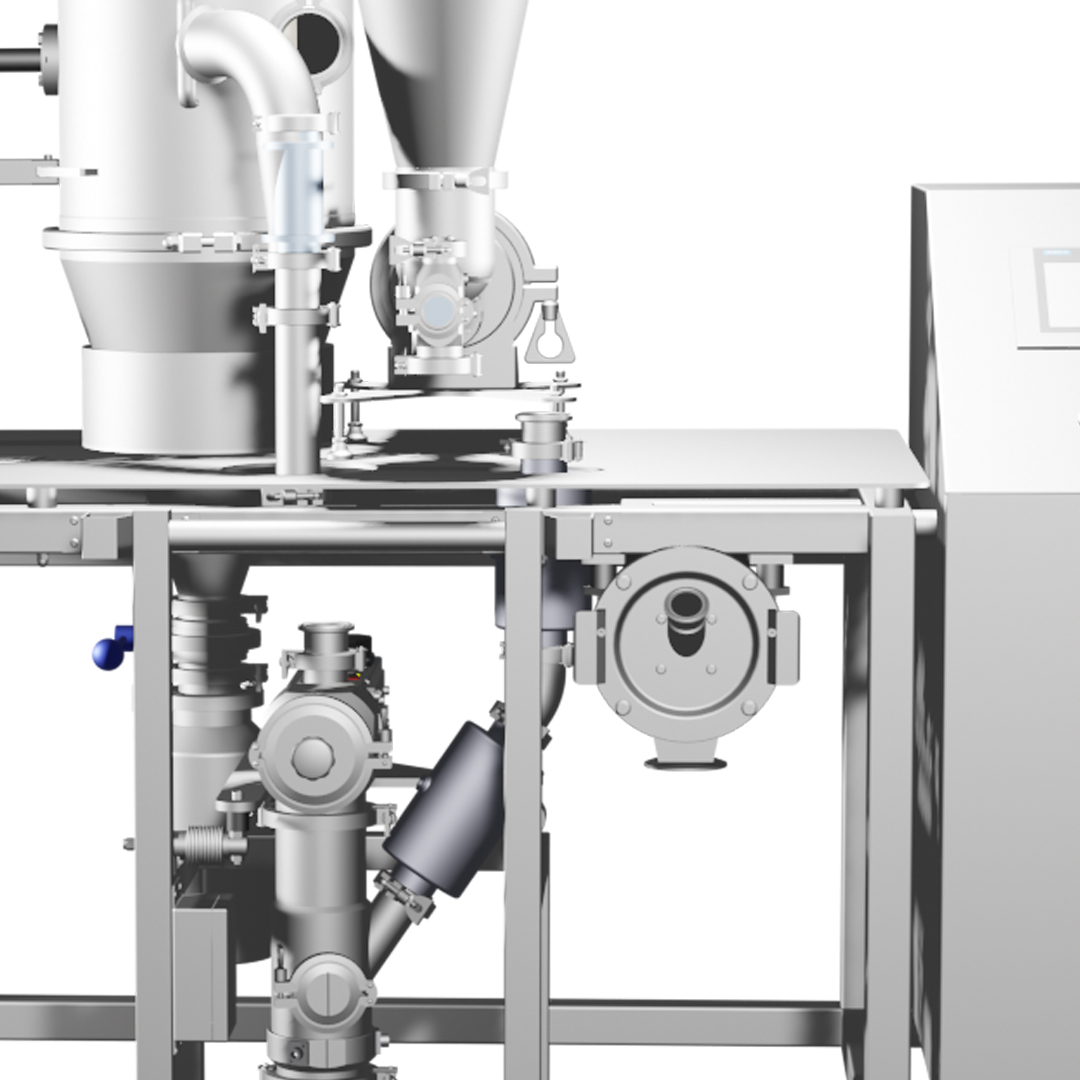 Close-up of a battery milling machine showing stainless steel components, valves, and control systems for fine particle size reduction.