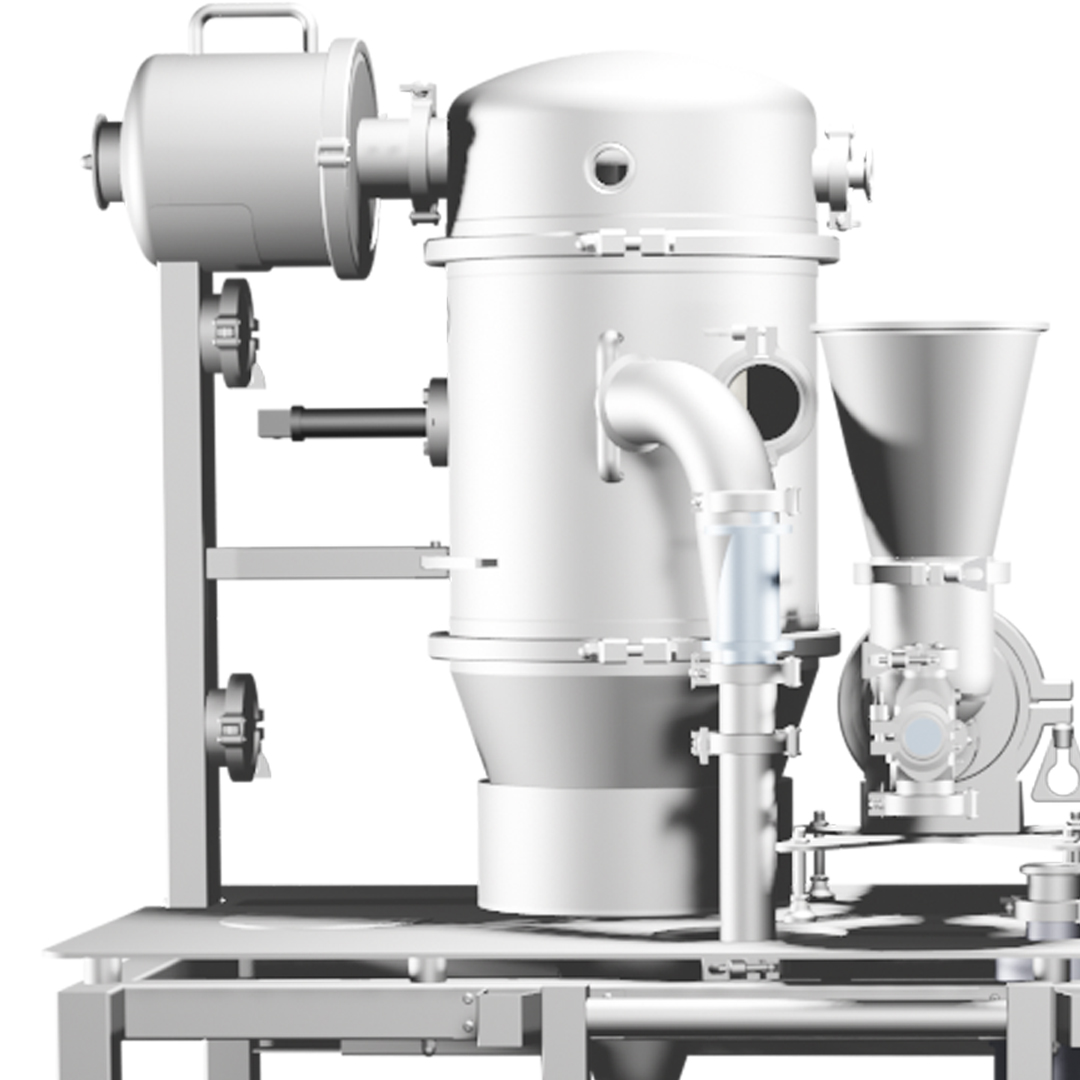 Industrial milling equipment with cylindrical chamber, connected pipes, and funnels for particle size reduction in battery manufacturing.