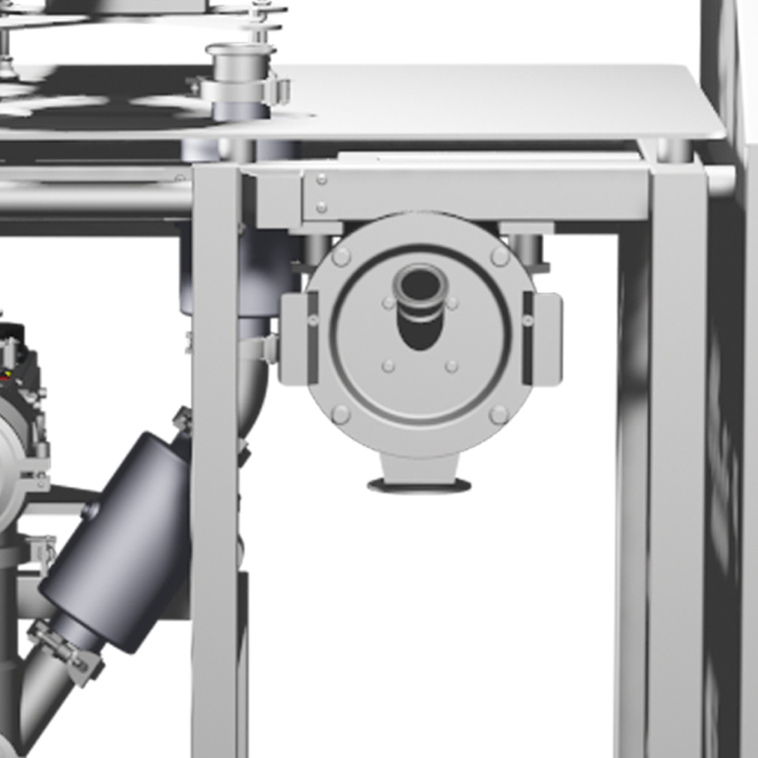 Close-up of valves, connectors, and circular chamber on a battery micronization machine used in Schedio's manufacturing processes.