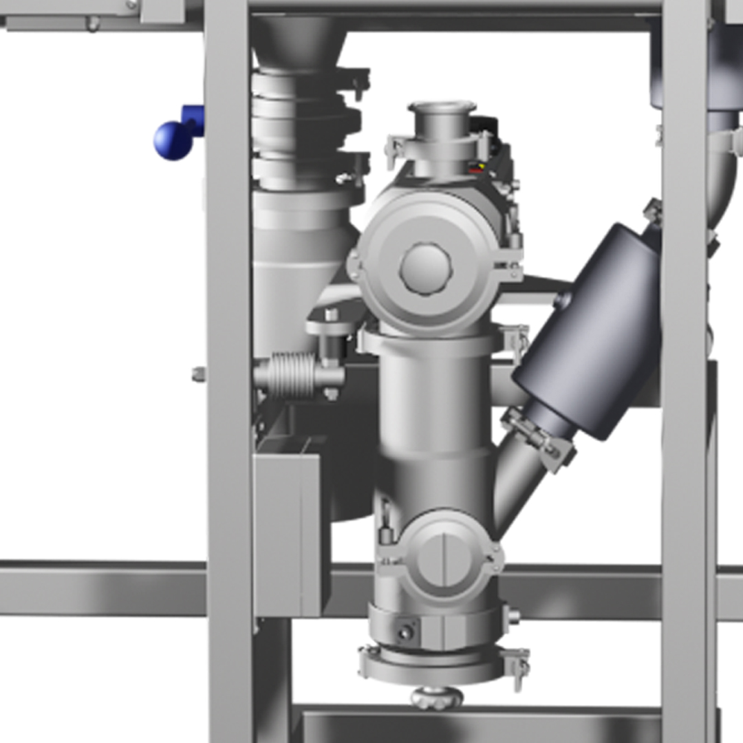 Close-up of valve and piping system on a battery micronization machine used for precise particle size reduction in Schedio's process.