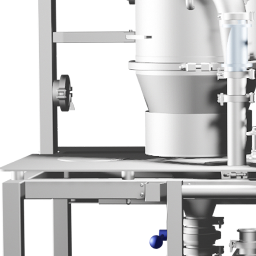 Close-up of the lower section of a battery micronization machine showing the conical chamber and piping for particle processing.
