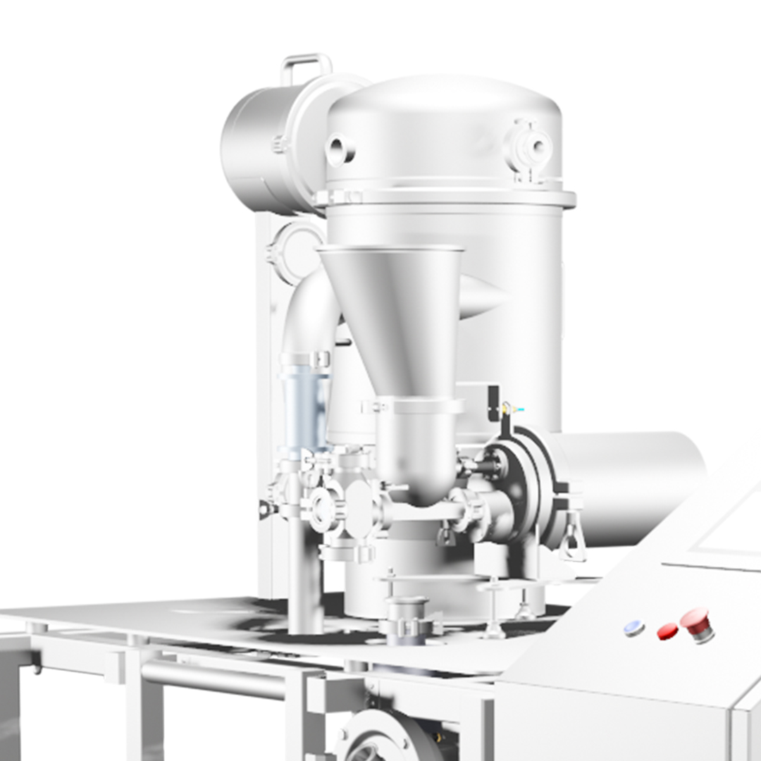 Industrial classification machine with funnel hopper, cylindrical chamber, and piping for fine particle processing in battery manufacturing.