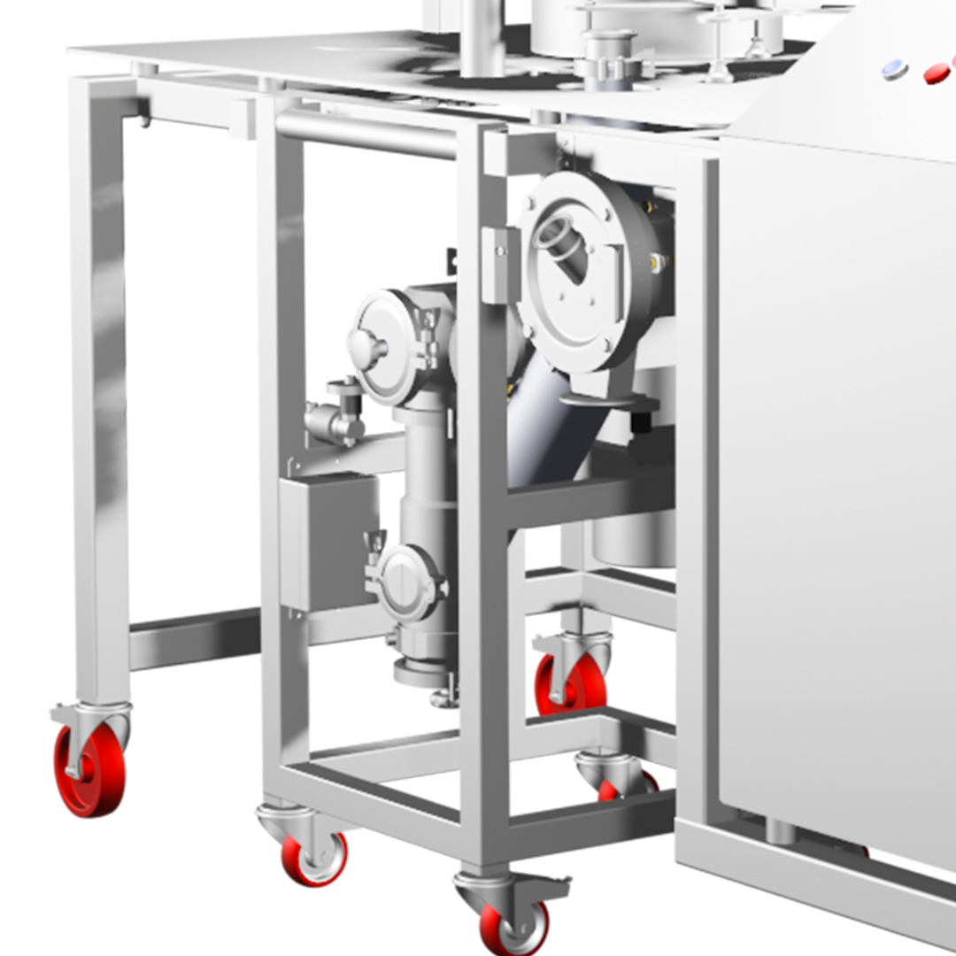 Close-up of the base of a classification machine with red caster wheels, piping, and valve components for battery particle processing.