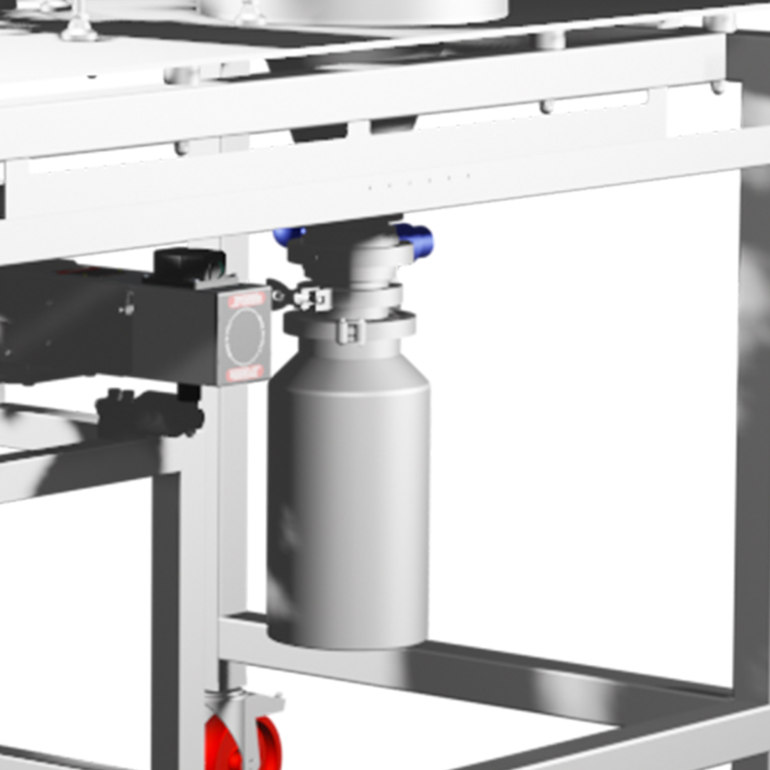 Close-up of a collection container and valve system on a spray drying machine, showing piping and connection points for material collection.