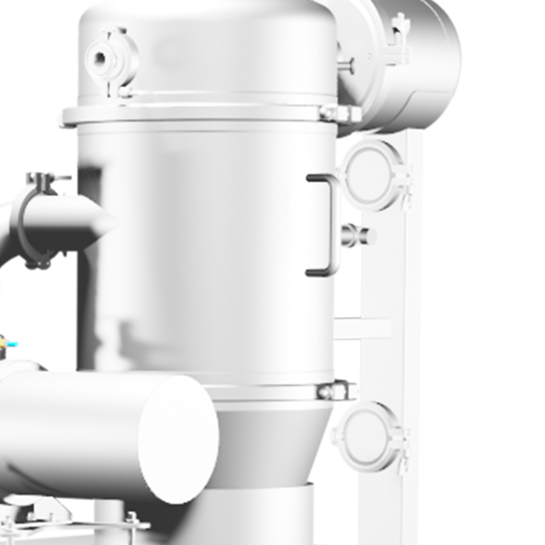 Close-up of the upper section of a spray drying machine with cylindrical chamber, handles, and piping for battery particle processing.