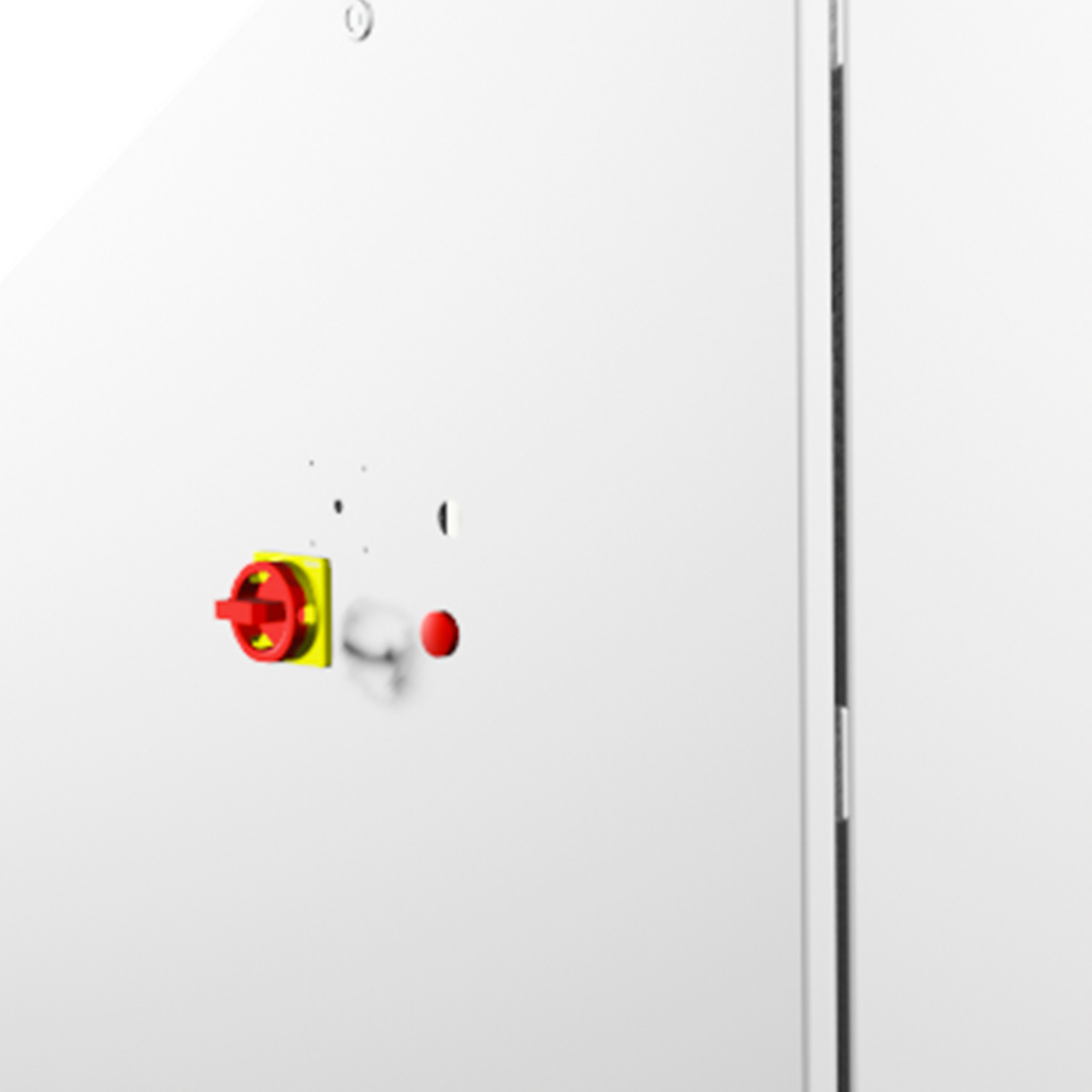 Close-up of an industrial spray drying machine control panel with red emergency stop switch and operational controls for battery processing.