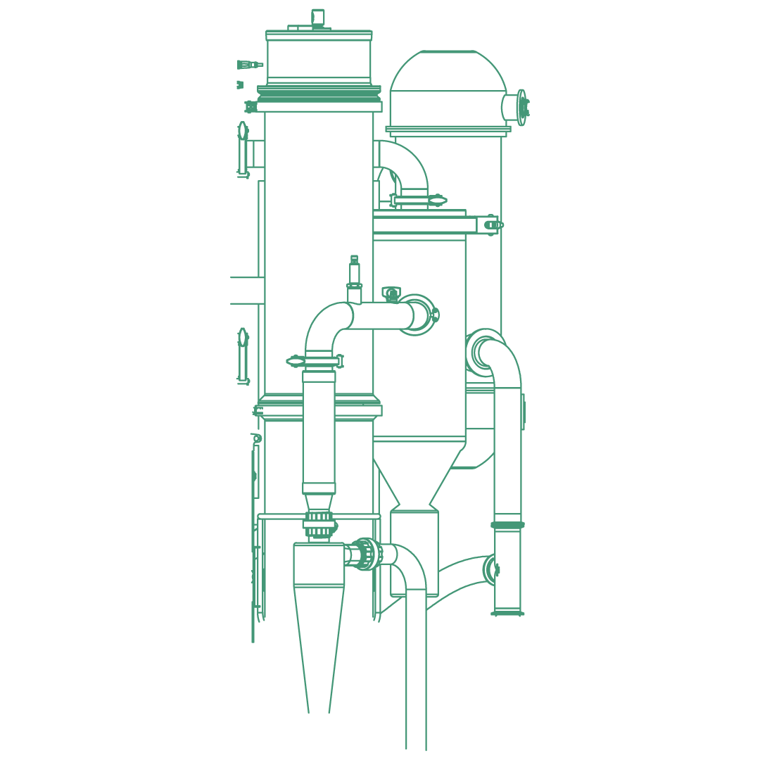 Technical line drawing of a spray congealing system with pipes, valves, and chambers for particle separation in pharmaceutical manufacturing.