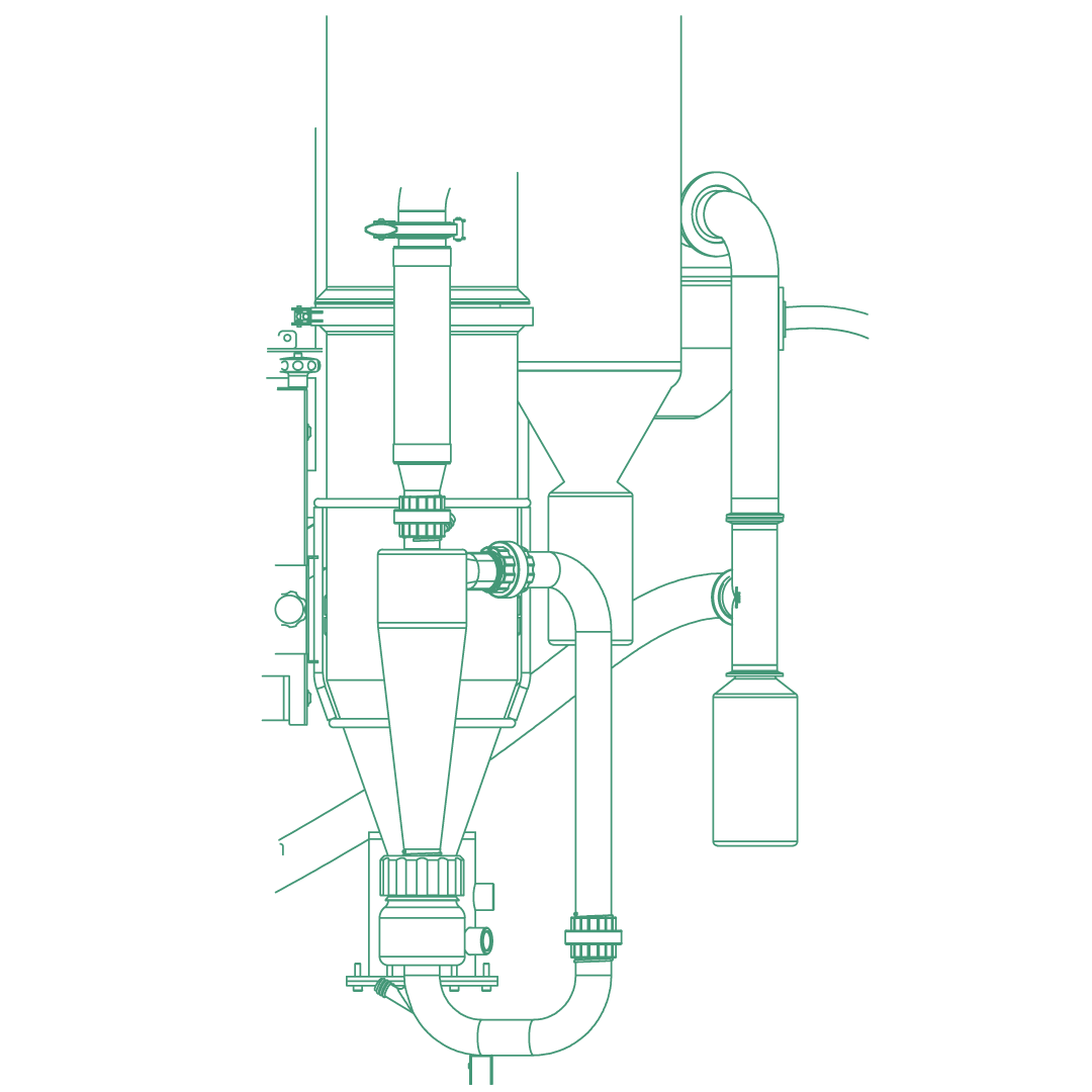 Technical line drawing of a spray dryer system with pipes, funnels, and chambers for converting liquid solutions into dry powders.