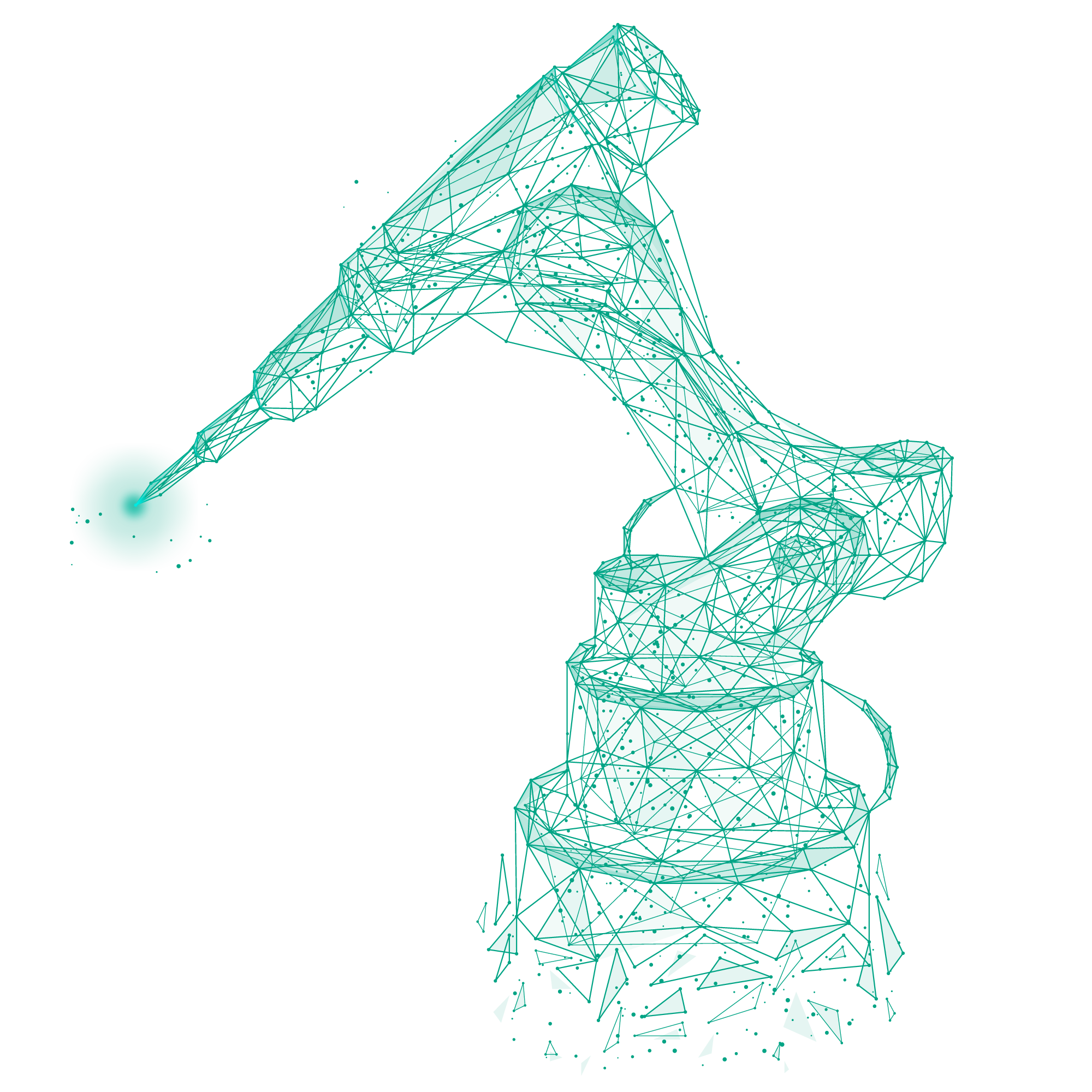 Wireframe illustration of an industrial robotic arm with articulated joints and precision grip, representing Schedio Steel business unit.