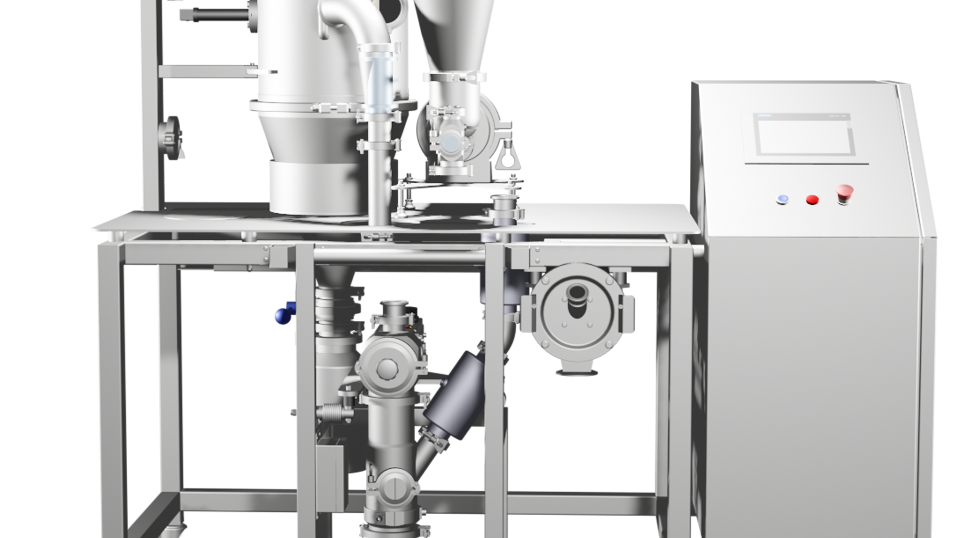 Industrial micronization machine with control panel, conical chamber, valves, and piping for particle size reduction in battery manufacturing.