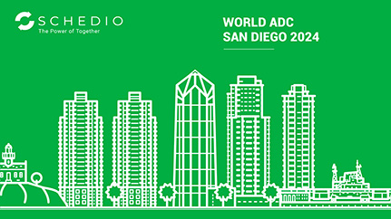 Schedio event preview graphic for World ADC San Diego 2024, featuring San Diego skyline and company logo.