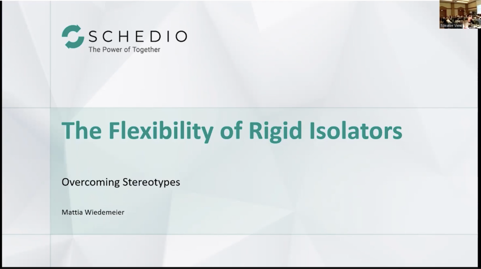 Presentation slide for the Schedio webinar on rigid isolator flexibility, authored by Mattia Wiedemeier with Schedio branding.