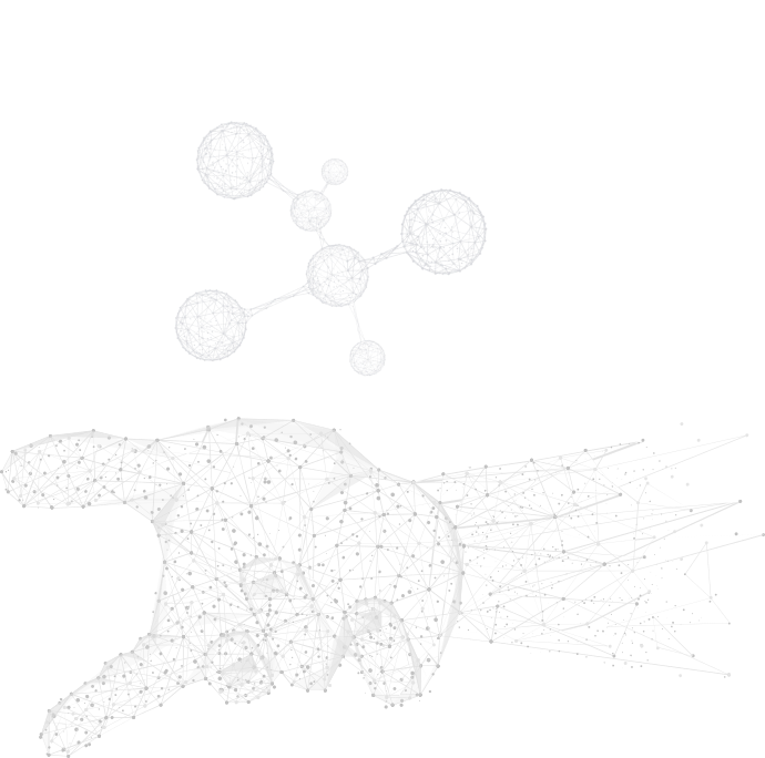 Illustration of a wireframe hand reaching towards molecular structures, representing Schedio's process development and innovation approach.
