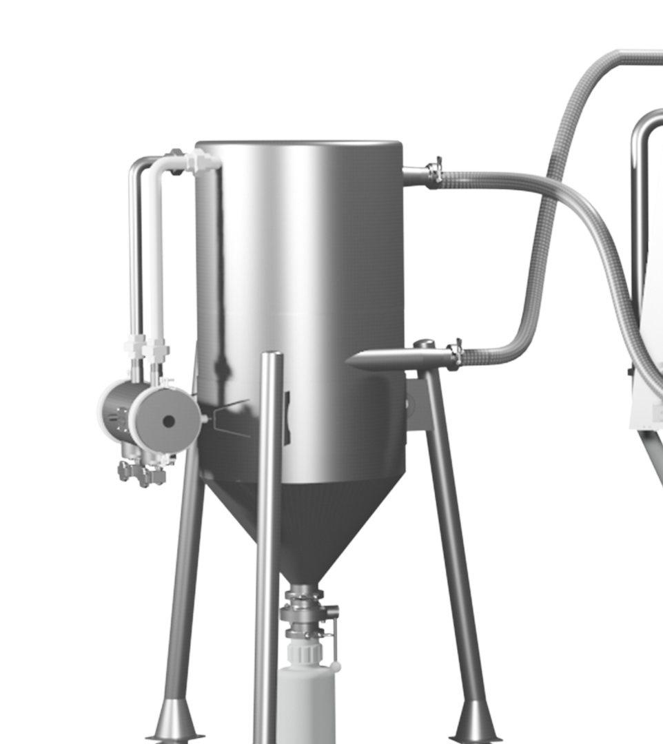 Vertical industrial spray congealing equipment with stainless steel container and connected tubing for high-efficiency particle processing.