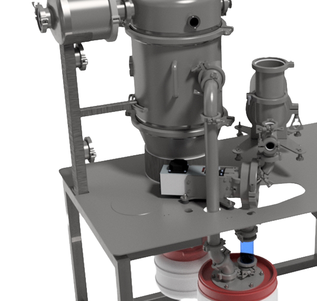 Complex industrial milling and filtration unit with tubes and components on a platform, used in battery particle engineering applications.