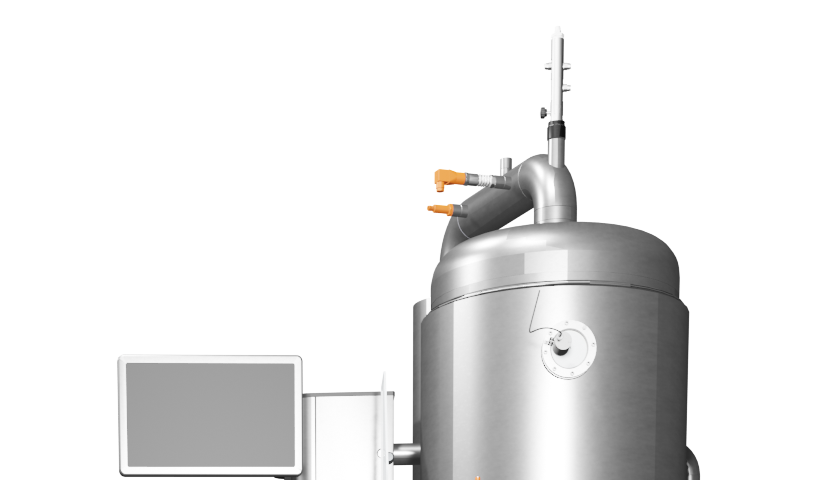 Large stainless steel spray drying vessel with control panel and connected piping, used in cosmetic particle formulation engineering.