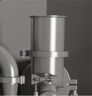 Close-up of a cylindrical stainless steel component mounted vertically on industrial machinery, featuring a fastening band and metal fittings.