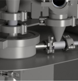 Detail of a connection system in industrial machinery, with valves and metal fittings, showing a lower cylindrical part and a connected pipe section.