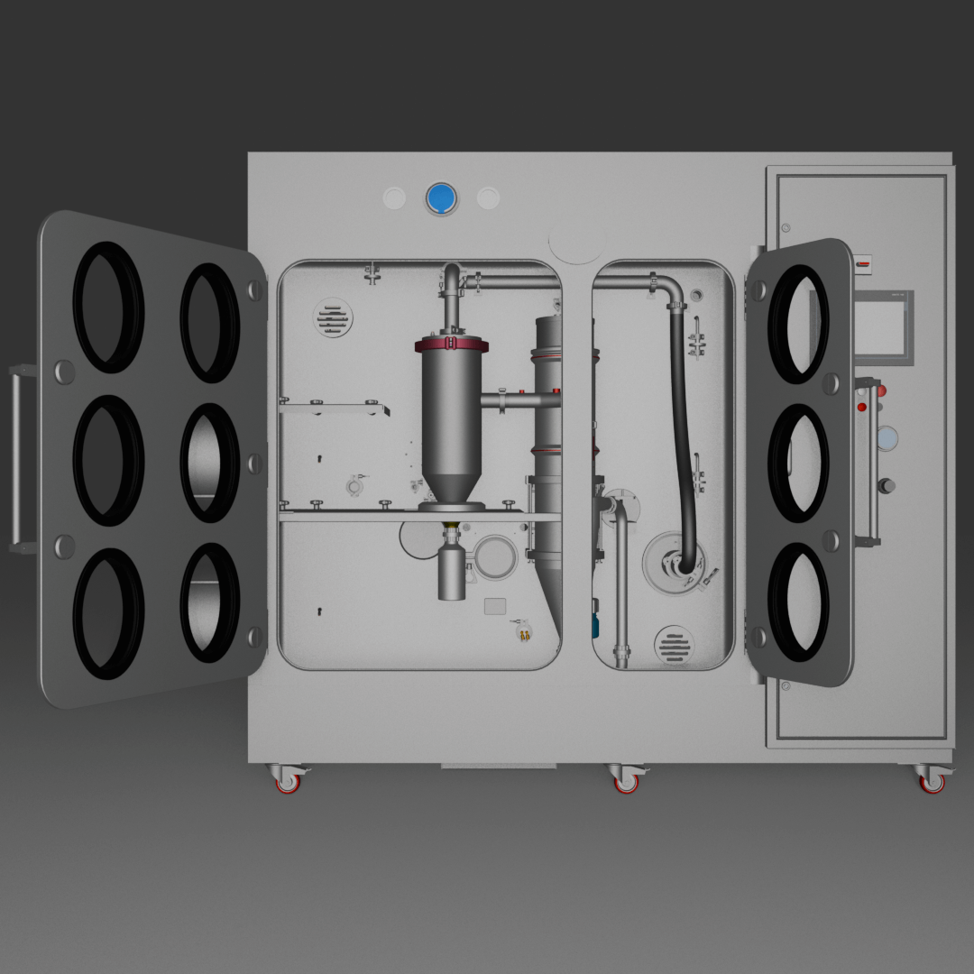 Open pharmaceutical isolator with glove ports and internal components visible, used for controlled containment in formulation development.