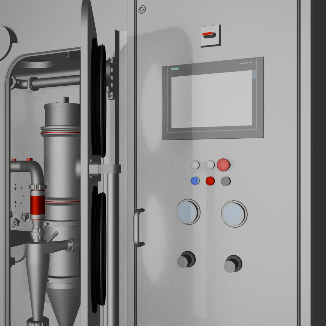 Industrial control panel with touchscreen display and multiple buttons, adjacent to a complex filtration system inside a containment unit.